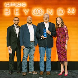Chalk Mountain received the Connected Operations Award for Safest Operator at the Samsara Beyond Conference 2022. From left to right are Robert Stobaugh, chief customer officer at Samsara; David Serach, director of safety at Chalk Mountain; David Bowe, president of Chalk Mountain; and Sarah Patterson, chief marketing officer at Samsara.