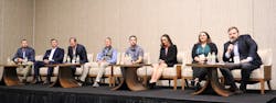 From left to right are T.C. Energy&rsquo;s Matt LaBorde, Enterprise Products&rsquo; Carter Deutsch, Moda Midstream&rsquo;s Paul Ramsey, Sprague&rsquo;s Cameron Eisenhaur, Kinder Morgan&rsquo;s Gabriel Lopez, Burns &amp; McDonnell&rsquo;s Caitlin Geisinger, IMTT&rsquo;s Melanie Landry, and Sprague&rsquo;s Chris O&rsquo;Neil, who served as moderator for their panel discussion during the International Liquid Terminals Association&rsquo;s 2022 International Operating Conference in Houston.