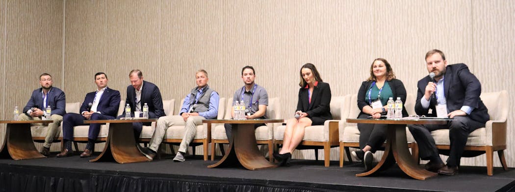 From left to right are T.C. Energy&rsquo;s Matt LaBorde, Enterprise Products&rsquo; Carter Deutsch, Moda Midstream&rsquo;s Paul Ramsey, Sprague&rsquo;s Cameron Eisenhaur, Kinder Morgan&rsquo;s Gabriel Lopez, Burns &amp; McDonnell&rsquo;s Caitlin Geisinger, IMTT&rsquo;s Melanie Landry, and Sprague&rsquo;s Chris O&rsquo;Neil, who served as moderator for their panel discussion during the International Liquid Terminals Association&rsquo;s 2022 International Operating Conference in Houston.