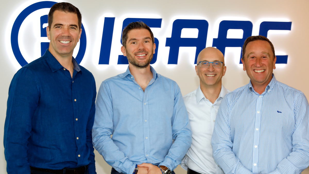 IsaacCEO Jacques DeLarochelliere (left), Jean Loup Le Roux, partner with law firm Henri & Wolf, Isaac CTO David Brillon and Isaac VP of IT and Security Joe Russo celebrate after receiving notification of the ISO 27001 certification.