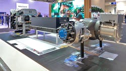 Cummins revealed a new electric drivetrain, including, from left to right, a Power Control and Accessory System (PCAS), lithium iron phosphate (LFP) battery pack, and 17xe ePowertrain, during the IAA Transportation show in Hannover, Germany. Cummins revealed a new electric drivetrain, including, from left to right, a Power Control and Accessory System (PCAS), lithium iron phosphate (LFP) battery pack, and 17xe ePowertrain, during the IAA Transportation show in Hannover, Germany.