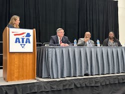 From left, FMCSA administrator Robin Hutcheson; Jack Van Steenberg, FMCSA’s executive director and chief safety officer; Earl Adams Jr., chief counsel for FMCSA; and Kala Wright, FMCSA’s director of external affairs, address questions and concerns from ATA MCE attendees. From left, FMCSA administrator Robin Hutcheson; Jack Van Steenberg, FMCSA’s executive director and chief safety officer; Earl Adams Jr., chief counsel for FMCSA; and Kala Wright, FMCSA’s director of external affairs, address questions and concerns from ATA MCE attendees.