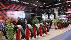 Yokohama Tire display 15 tires during the 2023 TMC Annual Meeting in Orlando, Florida, including three new tires: The 114R trailer tire, 716U UWB drive tire, and 121T 17.5-in. tire.