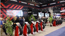 Yokohama Tire display 15 tires during the 2023 TMC Annual Meeting in Orlando, Florida, including three new tires: The 114R trailer tire, 716U UWB drive tire, and 121T 17.5-in. tire.