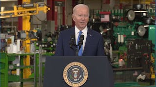 President Joe Biden speaks at Cummins&apos; Fridley, Minnesota, manufacturing plant on April 3.