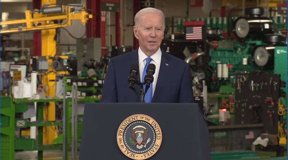 President Joe Biden speaks at Cummins&apos; Fridley, Minnesota, manufacturing plant on April 3.