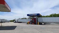 Diesel tractors refuel at a station along the Pennsylvania Turnpike. Diesel tractors refuel at a station along the Pennsylvania Turnpike.