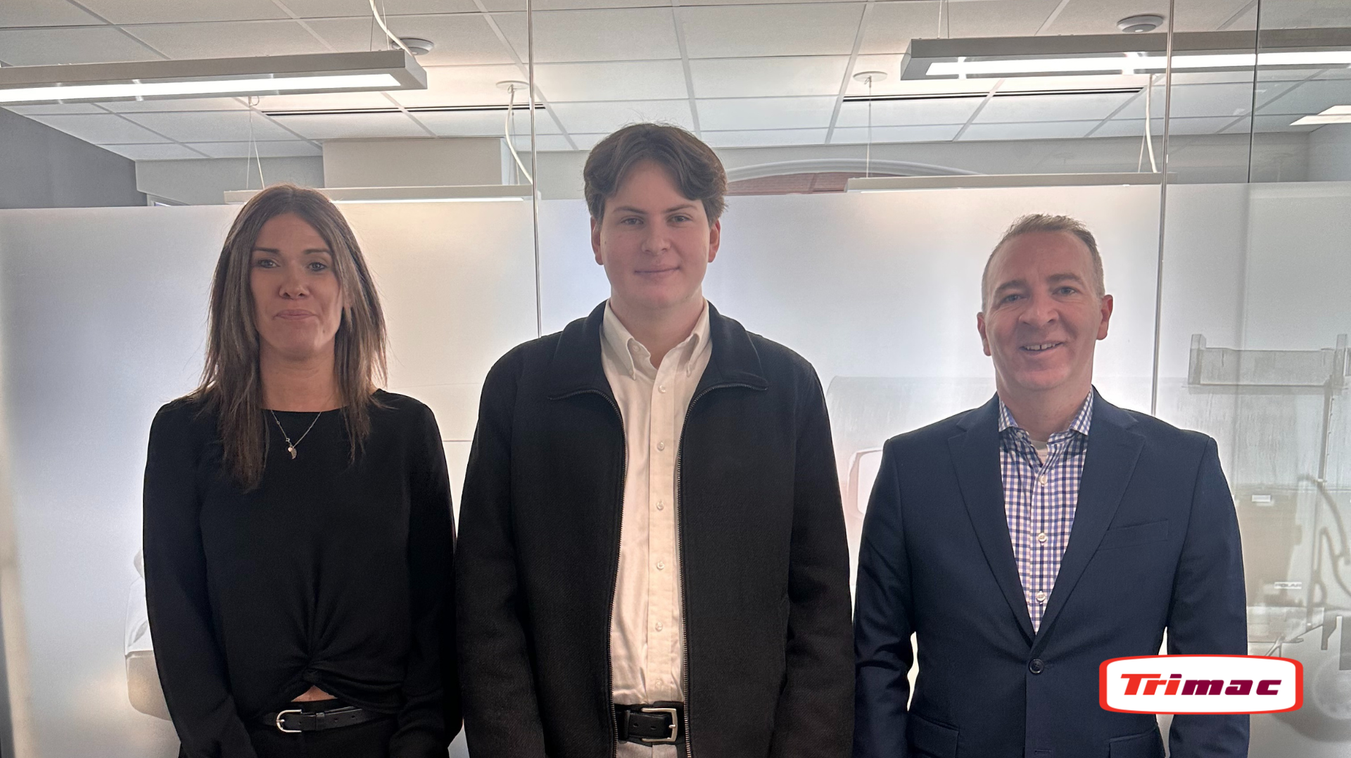 From left to right are Rhonda Leason, Trimac vice president of people and culture, scholarship recipient Joseph Vanbeselaere, and Matt Faure, Trimac president and CEO.