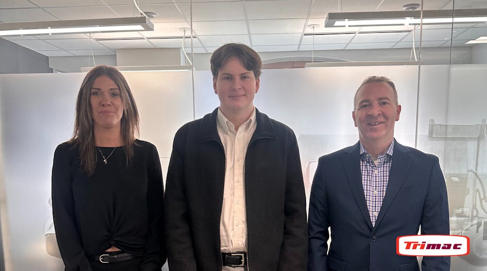 From left to right are Rhonda Leason, Trimac vice president of people and culture, scholarship recipient Joseph Vanbeselaere, and Matt Faure, Trimac president and CEO.