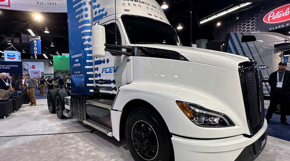 Kenworth&apos;s T680 hydrogen fuel cell electric vehicle, powered by Toyota fuel cell technology, on display at ACT Expo 2023.