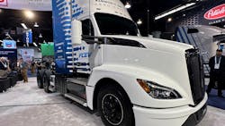 Kenworth's T680 hydrogen fuel cell electric vehicle, powered by Toyota fuel cell technology, on display at ACT Expo 2023. Kenworth's T680 hydrogen fuel cell electric vehicle, powered by Toyota fuel cell technology, on display at ACT Expo 2023.