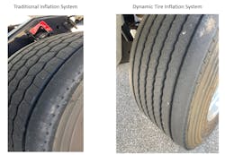 Tread wire with a traditional tire inflation system compared to wear using Dr&omacr;v&rsquo;s AirBoxOne for dynamic tire inflation.