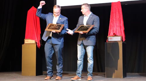 Brent Bergevin, executive vice president of transportation for Love&apos;s, reacts to Gemini Motor Transport&apos;s private-fleets win in NTTC&apos;s 2022 North American Safety Contest on Tuesday at the Encore Boston Harbor hotel in Everett, Massachusetts.