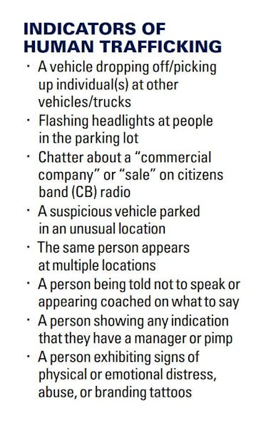 Part of a U.S. DOT &apos;indictor card&apos; to coach eyewitnesses on incidents of human trafficking.
