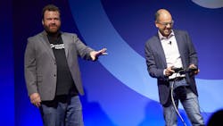 Polymath Robotics CEO and co-founder Stefan Seltz-Axmacher (left) guides Samsara CEO Sanjit Biswas through tele-operating a farm tractor. Polymath is a participant in the new Samsara Ventures program, which provides $50,000-$100,000 in seed money to companies using Samsara's platform. Polymath Robotics CEO and co-founder Stefan Seltz-Axmacher (left) guides Samsara CEO Sanjit Biswas through tele-operating a farm tractor. Polymath is a participant in the new Samsara Ventures program, which provides $50,000-$100,000 in seed money to companies using Samsara's platform.