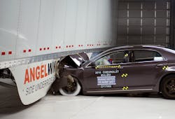 IIHS evaluated the AngelWing side underride guard system with aero skirt in 2017, including this 35 mph crash test.