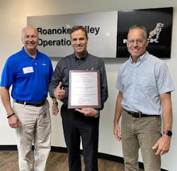 Roanoke Valley Operations (RVO) in Virginia, where all Mack Trucks medium-duty vehicles are assembled, is now certified and participating in Appalachian Power Company’s 100% Renewable Wind-Water-Sunlight (WWS) Service. Pictured left to right is Donald P. Pole, Appalachian Power key account manager, Antonio Servidoni, vice president at RVO, and Tim Fretwell, RVO facilities manager. Roanoke Valley Operations (RVO) in Virginia, where all Mack Trucks medium-duty vehicles are assembled, is now certified and participating in Appalachian Power Company’s 100% Renewable Wind-Water-Sunlight (WWS) Service. Pictured left to right is Donald P. Pole, Appalachian Power key account manager, Antonio Servidoni, vice president at RVO, and Tim Fretwell, RVO facilities manager.