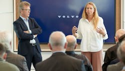Volvo Trucks President Roger Alm, left, and Jessica Sandstr&ouml;m, Volvo Trucks head of product management, at the Volvo Trucks global headquarters in Gothenburg, Sweden.