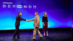 Robert Stobaugh, Samsara chief customer officer, at left, presents RelaDyne driver Robert Chidester with Samsara’s 2023 Top Driver Award. Sarah Patterson, Samsara chief marketing officer, is at right. Robert Stobaugh, Samsara chief customer officer, at left, presents RelaDyne driver Robert Chidester with Samsara’s 2023 Top Driver Award. Sarah Patterson, Samsara chief marketing officer, is at right.