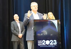 From left to right are Markstein&apos;s Chris Hoke, industry branding committee chair Greg Hodgen, and Markstein&apos;s Lindsey Gatlin, who unveiled NTTC&apos;s new industry branding campaign Monday during 2023 Tank Truck Week in Indianapolis, Indiana.