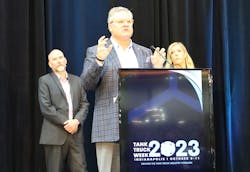 From left to right are Markstein's Chris Hoke, industry branding committee chair Greg Hodgen, and Markstein's Lindsey Gatlin, who unveiled NTTC's new industry branding campaign Monday during 2023 Tank Truck Week in Indianapolis, Indiana. From left to right are Markstein's Chris Hoke, industry branding committee chair Greg Hodgen, and Markstein's Lindsey Gatlin, who unveiled NTTC's new industry branding campaign Monday during 2023 Tank Truck Week in Indianapolis, Indiana.