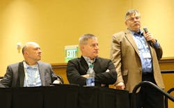 From left to right, Peter Weis, EnTrans chief engineer; Dave Adams, Betts Industries director of design engineering; and John Freiler, TTMA engineering manager, discuss trends in tanker compliance during Tank Truck Week 2023 in Indianapolis, Indiana. From left to right, Peter Weis, EnTrans chief engineer; Dave Adams, Betts Industries director of design engineering; and John Freiler, TTMA engineering manager, discuss trends in tanker compliance during Tank Truck Week 2023 in Indianapolis, Indiana.