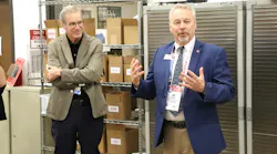 Chris Spear, ATA president and CEO, listens to Jim Sharkey, P.S.I. president, during a tour of P.S.I.'s San Antonio plant.