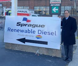 Steven Levy, Sprague managing director of new business development, stands in front of Sonomax’s sign promoting New York’s first public renewable diesel station. Steven Levy, Sprague managing director of new business development, stands in front of Sonomax’s sign promoting New York’s first public renewable diesel station.