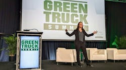 Mary Aufdemberg, GM of product strategy and market development for Daimler Truck North America, gives the keynote address during the the 2024 Green Truck Summit during NTEA&apos;s Work Truck Week in Indianapolis.