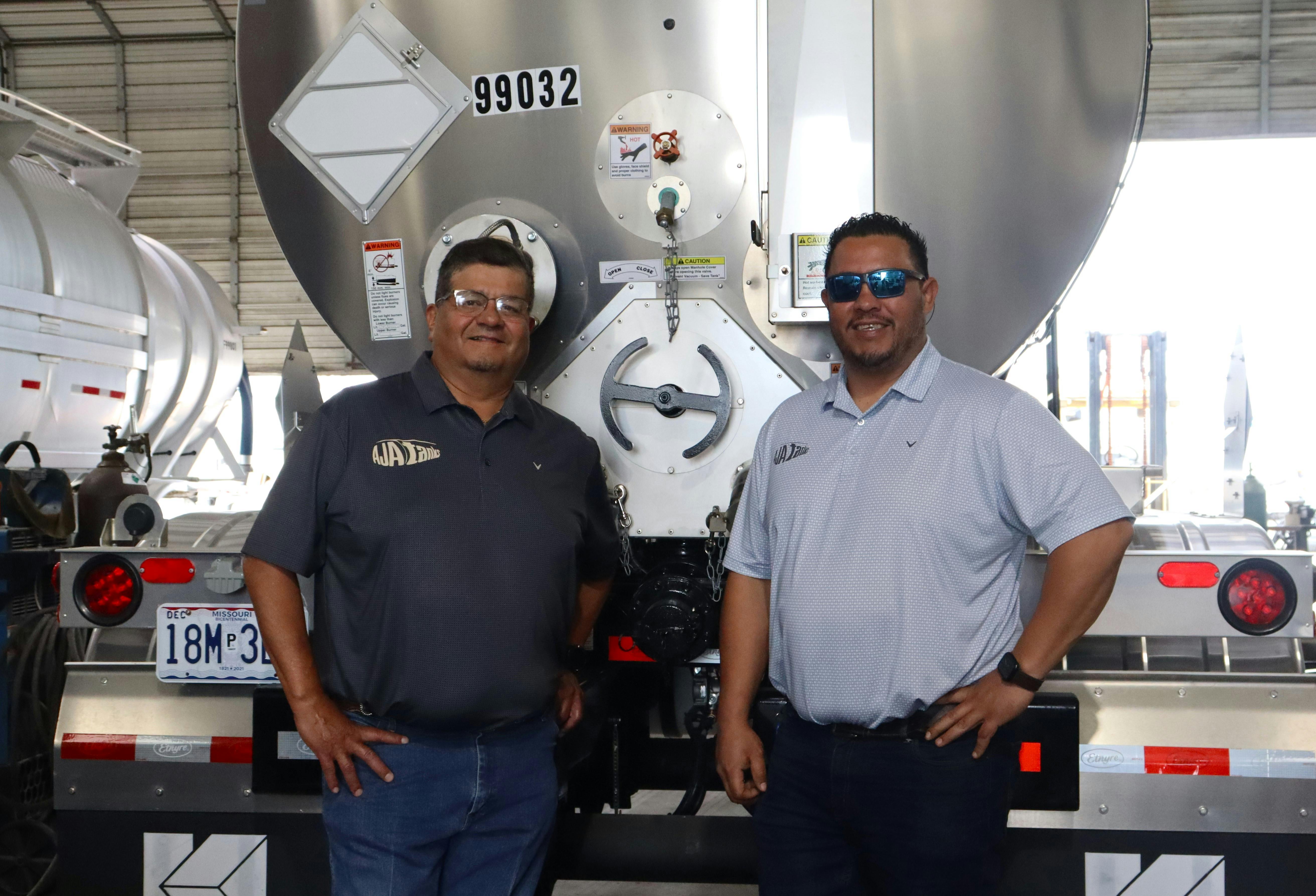 Augie Quintero, at left, owner and president of AJA Tanks, started the business in 2017 with help from Lorenzo Butanda, AJA general manager, who previously worked with Quintero at Vantage Trailers.