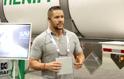 Brian Pursley, Kraft Tank director of sales, explains the advantages of the new Omni Tanker composite chemical tank trailer. Brian Pursley, Kraft Tank director of sales, explains the advantages of the new Omni Tanker composite chemical tank trailer.