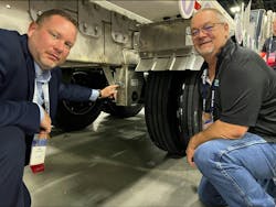 SAF-Holland's Luke Groenwoud, national fleet manager, at left, and Bruce Schauer, Heniff Transportation procurement manager, point out the SAF-Holland suspension on the Omni tanker distributed by Kraft Tank. SAF-Holland's Luke Groenwoud, national fleet manager, at left, and Bruce Schauer, Heniff Transportation procurement manager, point out the SAF-Holland suspension on the Omni tanker distributed by Kraft Tank.