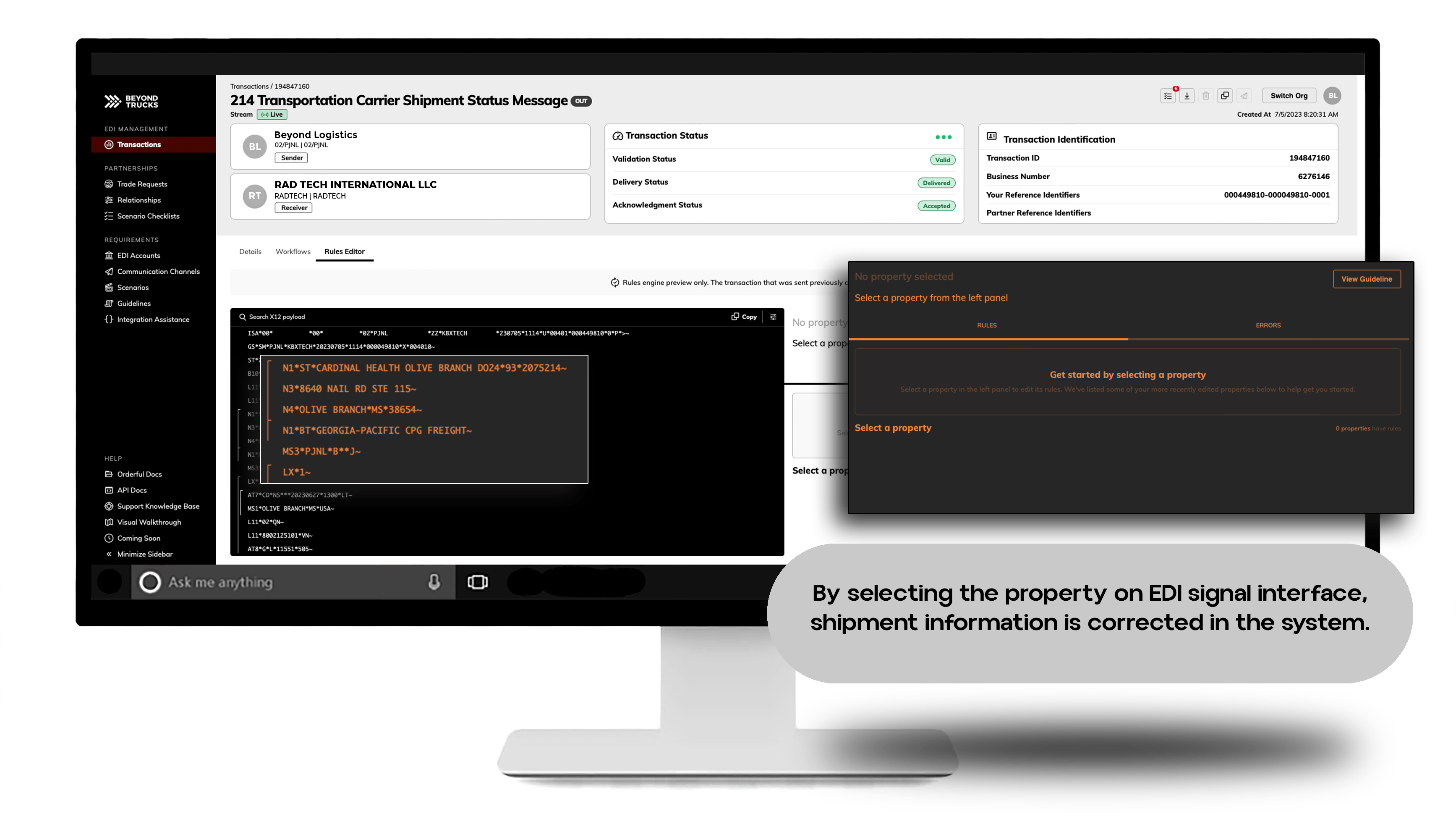 Users can directly edit shipment information such as correcting a BOL number in x12 signals.