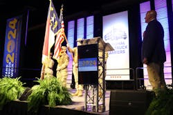 Ward Best, ABC VP and reigning NTTC chairman, salutes the flag during Tank Truck Week 2024 in Charlotte, North Carolina. Ward Best, ABC VP and reigning NTTC chairman, salutes the flag during Tank Truck Week 2024 in Charlotte, North Carolina.