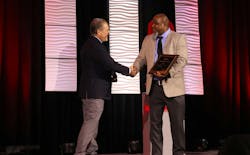 Jake Politakis, LSP Transport vice president of supply chain, reacts to hearing LSP revealed as the private-fleet division award winner. Jake Politakis, LSP Transport vice president of supply chain, reacts to hearing LSP revealed as the private-fleet division award winner.