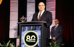 Alex Guariento, Trimac vice president of safety, addresses the crowd after Trimac was revealed as this year's NTTC North American safety champion in the Harvison division. Alex Guariento, Trimac vice president of safety, addresses the crowd after Trimac was revealed as this year's NTTC North American safety champion in the Harvison division.