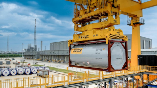 A Bertschi tank container is lifted at the Zhangjiagang chemical logistics hub in China, supporting global supply chains with reliable, safe, and efficient terminal operations.