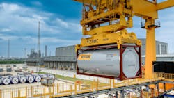 A Bertschi tank container is lifted at the Zhangjiagang chemical logistics hub in China, supporting global supply chains with reliable, safe, and efficient terminal operations. A Bertschi tank container is lifted at the Zhangjiagang chemical logistics hub in China, supporting global supply chains with reliable, safe, and efficient terminal operations.