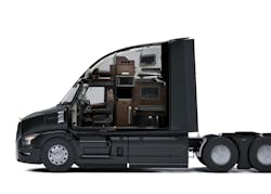 The Mack Pioneer's cab is fully welded high-strength steel for both long-term durability and performance in an impact. The Pioneer's chassis is designed so that the engine and transmission will break away underneath the cab in a frontal collision, leaving a survivable space for driver and passenger. The Mack Pioneer's cab is fully welded high-strength steel for both long-term durability and performance in an impact. The Pioneer's chassis is designed so that the engine and transmission will break away underneath the cab in a frontal collision, leaving a survivable space for driver and passenger.