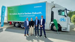From left to right are Axel Remplewski, Hoyer managing director for global gas logistics; Anna Krüger, Hoyer head of sales for global gas logistics; Frank Fronzke (H2 Mobility COO and managing director; and Eike Diercks, H2 Mobility sourcing and logistics manager. From left to right are Axel Remplewski, Hoyer managing director for global gas logistics; Anna Krüger, Hoyer head of sales for global gas logistics; Frank Fronzke (H2 Mobility COO and managing director; and Eike Diercks, H2 Mobility sourcing and logistics manager.
