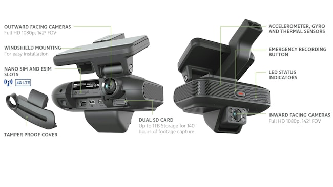 The Multi IQ camera can connect up to five cameras across the vehicle: cab interior, side, rear, cargo area, or undercarriage cameras, alongside its built-in high-definition dual-front and driver-facing dashcam.