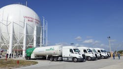 To complete the fill, Air Products delivered over 50 trailer loads of liquid hydrogen—more than 730,000 gallons in all—to NASA’s new sphere in Florida. To complete the fill, Air Products delivered over 50 trailer loads of liquid hydrogen—more than 730,000 gallons in all—to NASA’s new sphere in Florida.