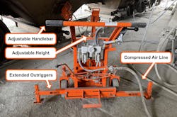 Attach the ½-in. hose, adjust the handlebar, position the unit, adjust the height, set, insert the bit, and engage the power. Attach the ½-in. hose, adjust the handlebar, position the unit, adjust the height, set, insert the bit, and engage the power.