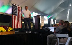 “How can we hold the line, as a team, as a family, and as a company?” Tebow asked the crowd. “How can we do that? It starts by believing that you actually can.” “How can we hold the line, as a team, as a family, and as a company?” Tebow asked the crowd. “How can we do that? It starts by believing that you actually can.”