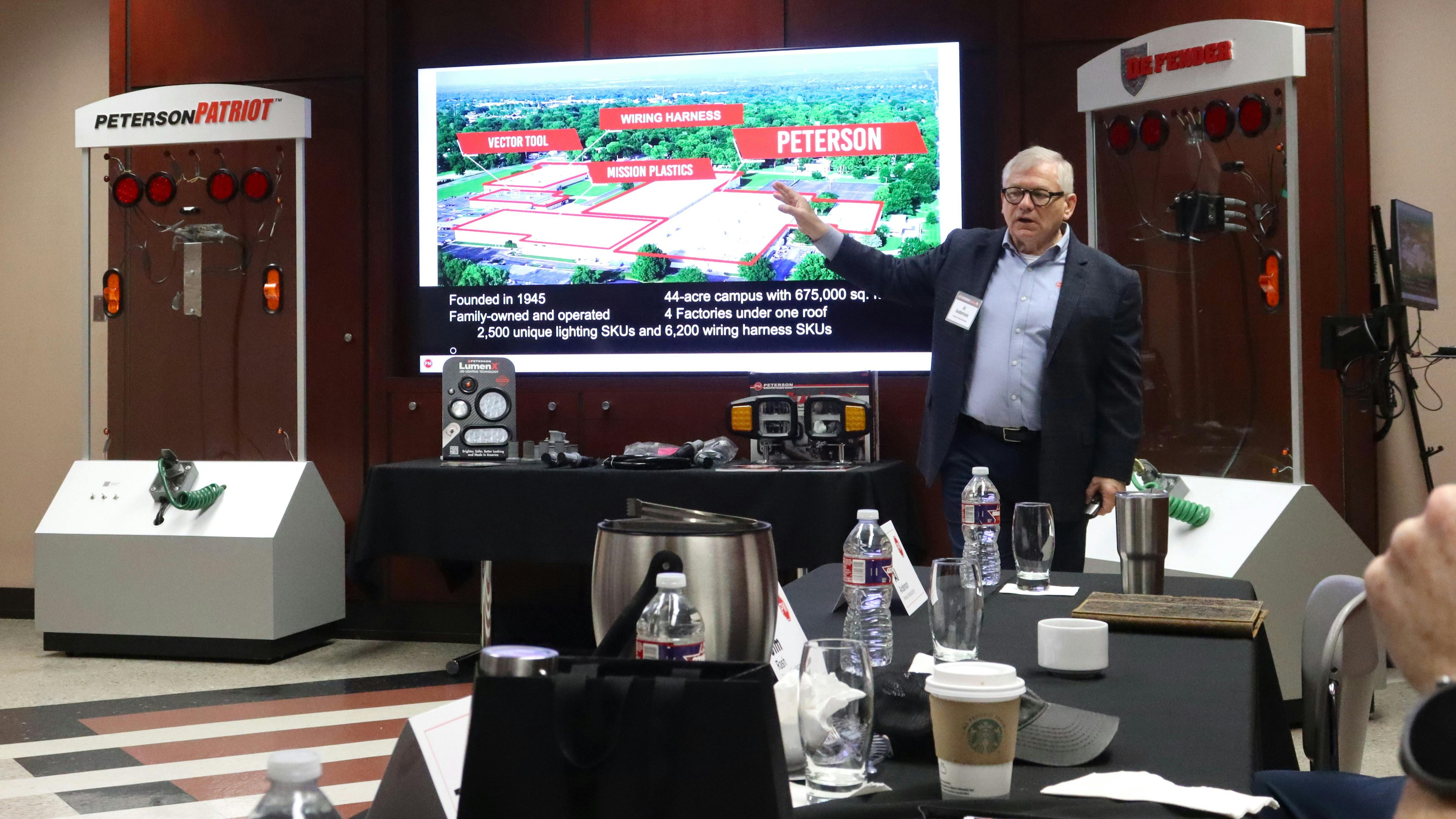 Al Anderson, Peterson Manufacturing VP of sales and marketing, highlights the company's vertically integrated operations during a media open house Oct. 9 in Grandview, Missouri.