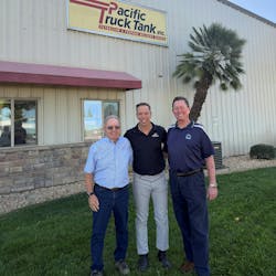 Tremcar President Daniel Tremblay, center, stands with Pacific Truck Tank owners Kirby Fleming, at left, and Jerry Jones after Tremcar's recent acquisition of the California-based producer of petroleum and propane bobtails. Tremcar President Daniel Tremblay, center, stands with Pacific Truck Tank owners Kirby Fleming, at left, and Jerry Jones after Tremcar's recent acquisition of the California-based producer of petroleum and propane bobtails.