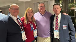 Groendyke Transport CEO and 81st ATA Chairman Greg Hodgen, second from right, stands with, from left to right, America's Road Team Captains Perry Carter (Cargo Transporters), Ina Daly (XPO Logistics), and Rodney McNew (Groendyke). Groendyke Transport CEO and 81st ATA Chairman Greg Hodgen, second from right, stands with, from left to right, America's Road Team Captains Perry Carter (Cargo Transporters), Ina Daly (XPO Logistics), and Rodney McNew (Groendyke).