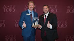 Sage Oil Vac CEO Aaron Sage, at left, stands with Blake Petty, executive director of Texas A&M University’s McFerrin Center for Entrepreneurship, after winning his third Aggie 100 award. Sage Oil Vac CEO Aaron Sage, at left, stands with Blake Petty, executive director of Texas A&M University’s McFerrin Center for Entrepreneurship, after winning his third Aggie 100 award.