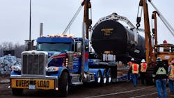 A truck transports the oversized load to the Calumet City public safety training center, where first responders will receive hands-on training to ensure they are better prepared for emergency responses involving rail tank cars and hazardous materials. A truck transports the oversized load to the Calumet City public safety training center, where first responders will receive hands-on training to ensure they are better prepared for emergency responses involving rail tank cars and hazardous materials.