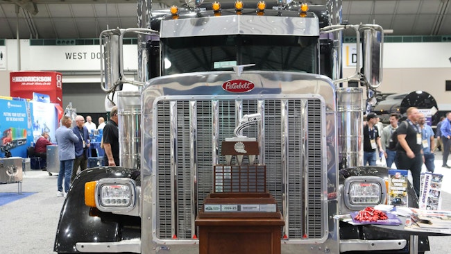 NTTC displayed the prestigious Usher trophy in front of reigning Driver of the year Mark Schroyer's custom Peterbilt tractor during Tank Truck Week 2025 in Kansas City, Missouri.